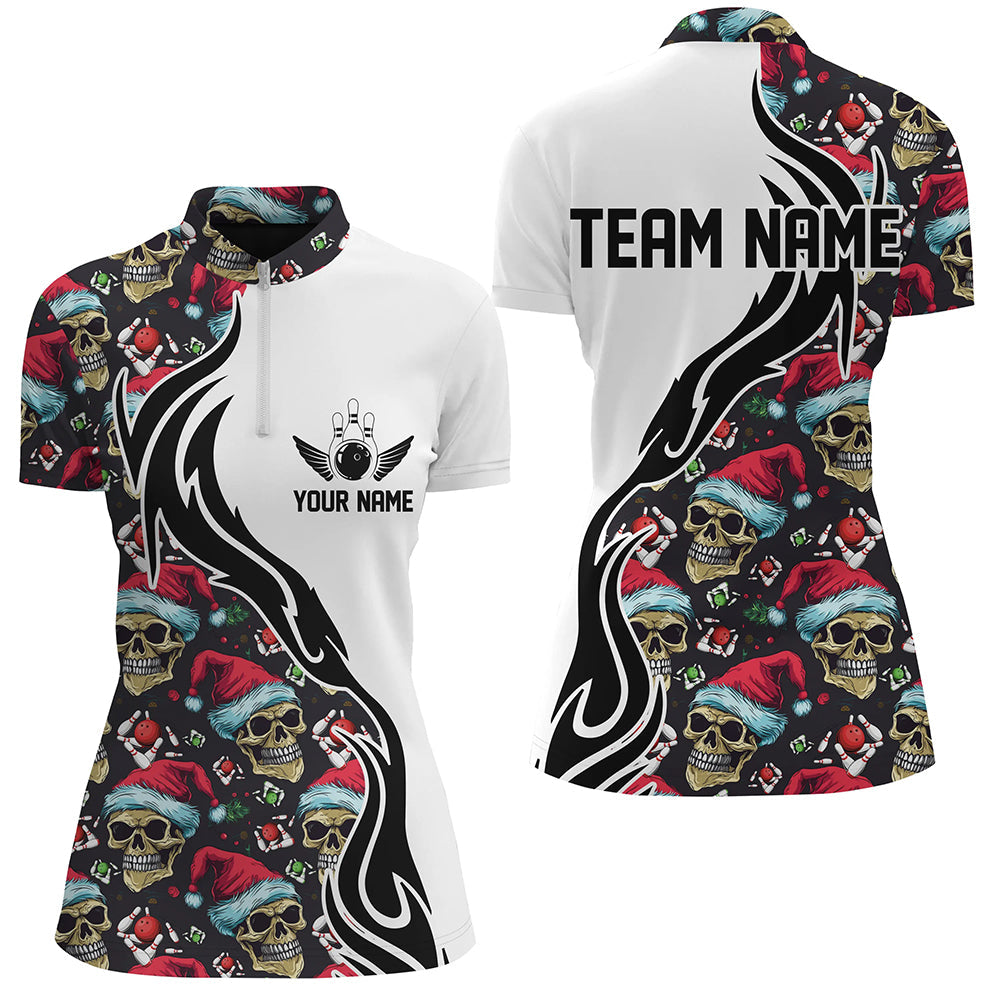 Custom Women Bowling Quarter Zip Shirts Christmas Skull Team Bowling Jerseys Bowler Gifts IPHW5377