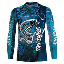 Load image into Gallery viewer, Personalized Striped Bass Long Sleeve Performance Fishing Shirts, Striper Fishing Jerseys | Blue Camo IPH2549
