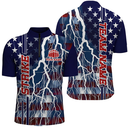 Custom American Flag Thunder Lightning Strike Bowling Team Shirts, Patriotic Unisex Bowling Jersey IPHW6021