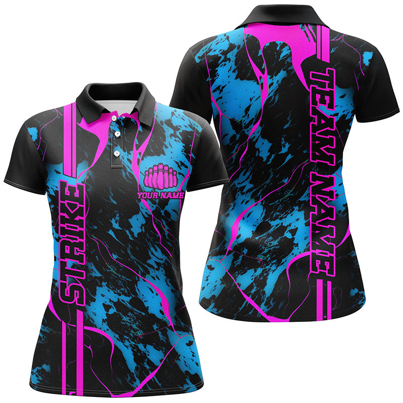 Custom Blue And Pink Strike Bowling Shirts Women Polo Camo Bowling Team Jerseys IPHW5387