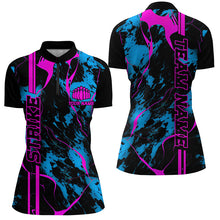 Load image into Gallery viewer, Custom Blue And Pink Strike Bowling Shirts Women Quarter Zip Camo Bowling Team Jerseys IPHW5387