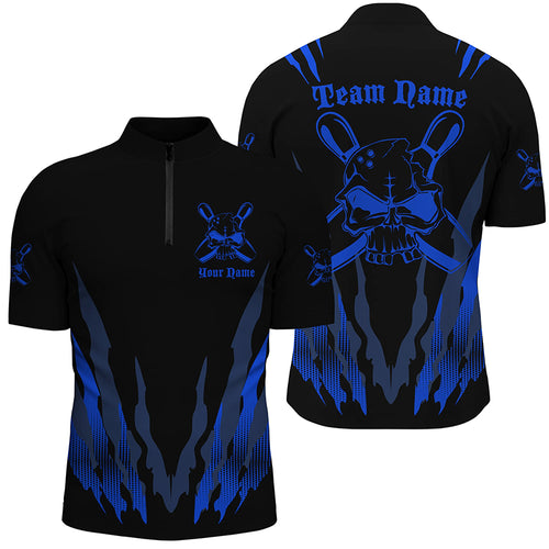 Custom Bowling Shirts For Men And Women, Skull Bowling Team Shirts Bowling Pin | Blue IPHW4482