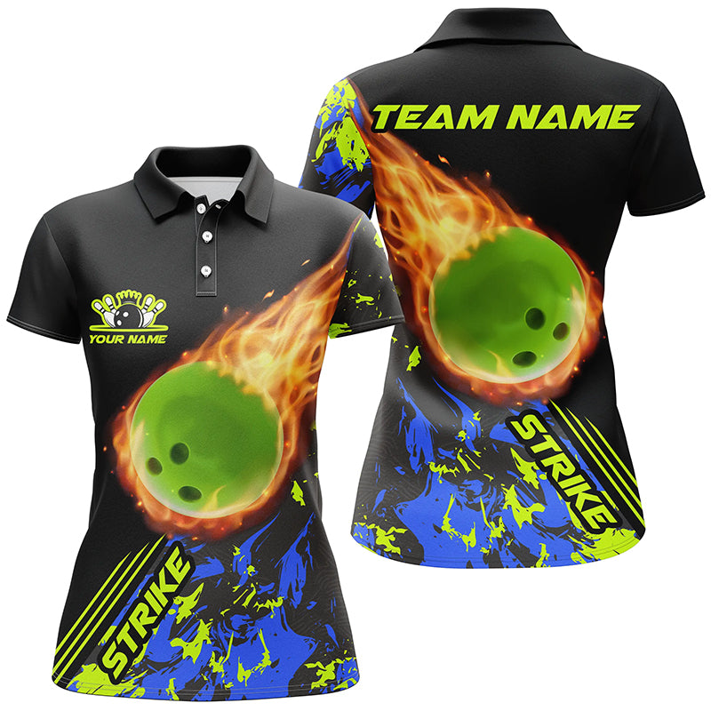 Custom Women Bowling Polo Shirts Green Flame Bowling Ball Strike Bowling Team Jerseys IPHW5421