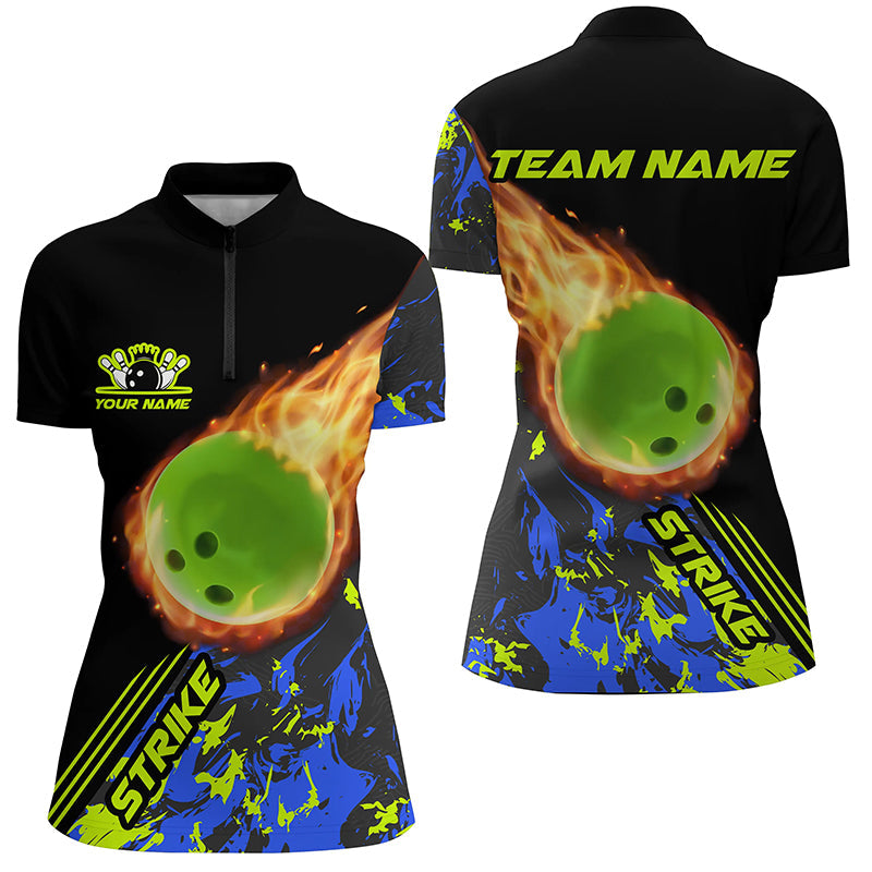 Custom Women Bowling Quarter Zip Shirts Green Flame Bowling Ball Strike Bowling Team Jersey IPHW5421