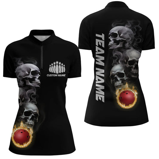Skull Tattoo Flame Bowling Ball Women'S Polo Bowling Shirts, Personalized Bowling Outfit IPHW5251