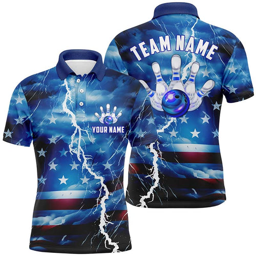 Custom Blue Thunder Bowling Polo Shirts For Men, Us Flag Patriotic Bowling League Shirts IPHW5252