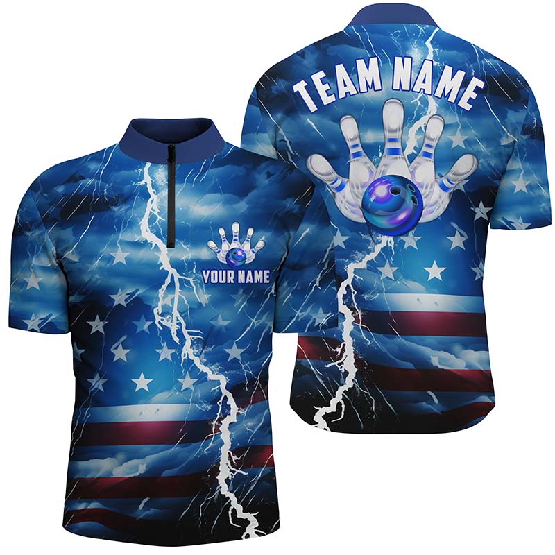 Custom Blue Thunder Bowling Quarter Zip Shirts For Men, Us Flag Bowling League Shirts IPHW5252