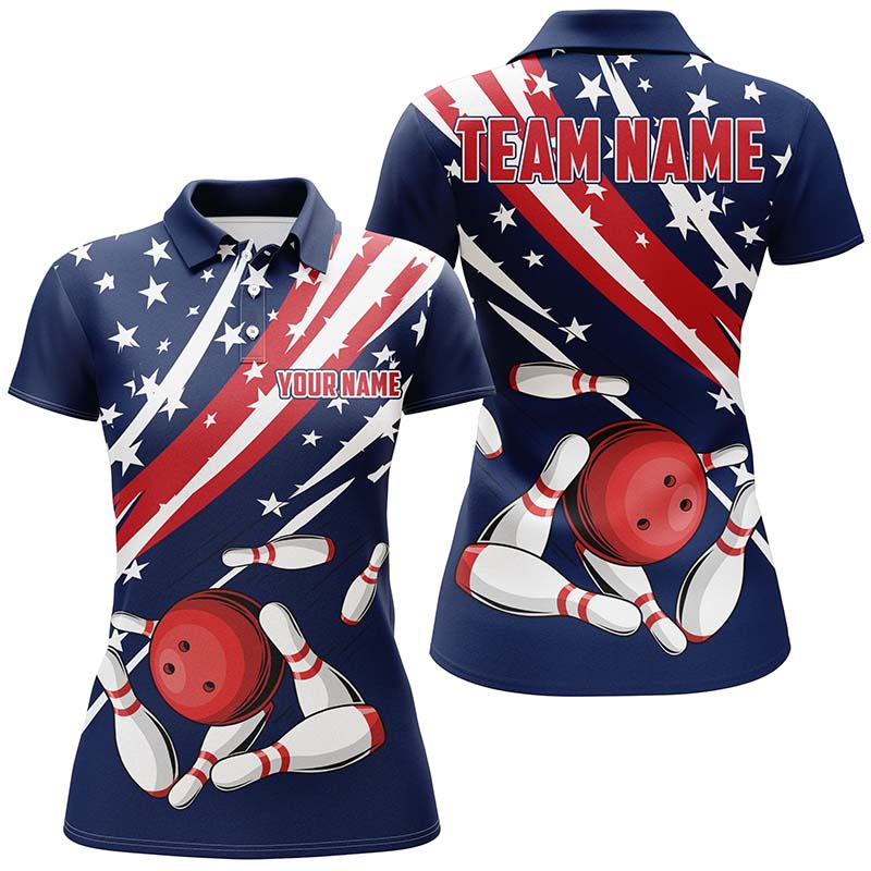 Custom Name Bowling Shirts For Women American Flag Patriotic Bowling Ball &  Pins White Womens Polo Shirts