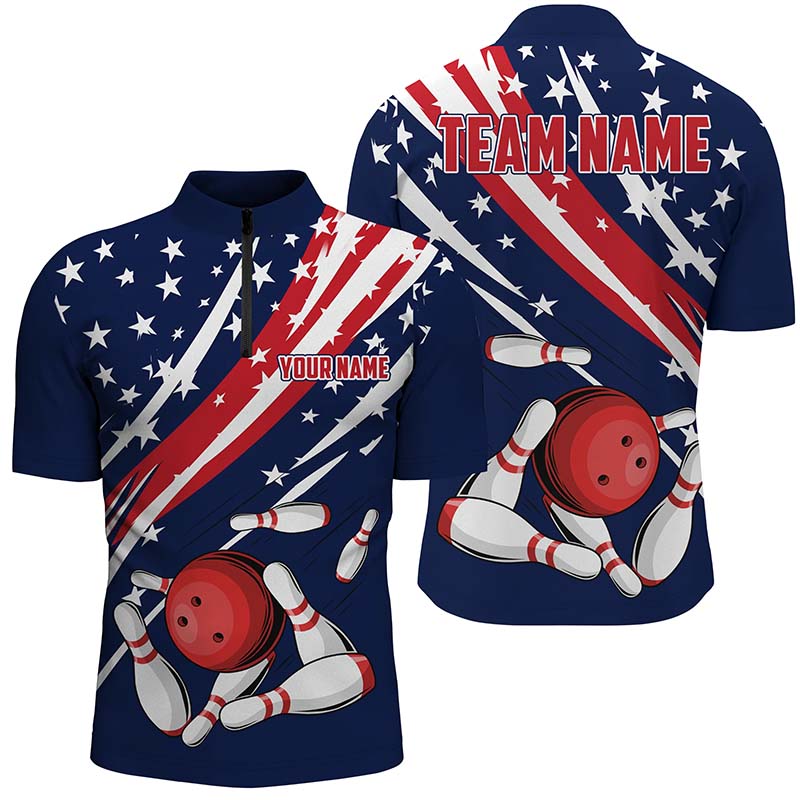 Custom American Flag Men'S Bowling Quarter Zip Shirts, Patriotic Strike Bowling Team Jerseys IPHW5256
