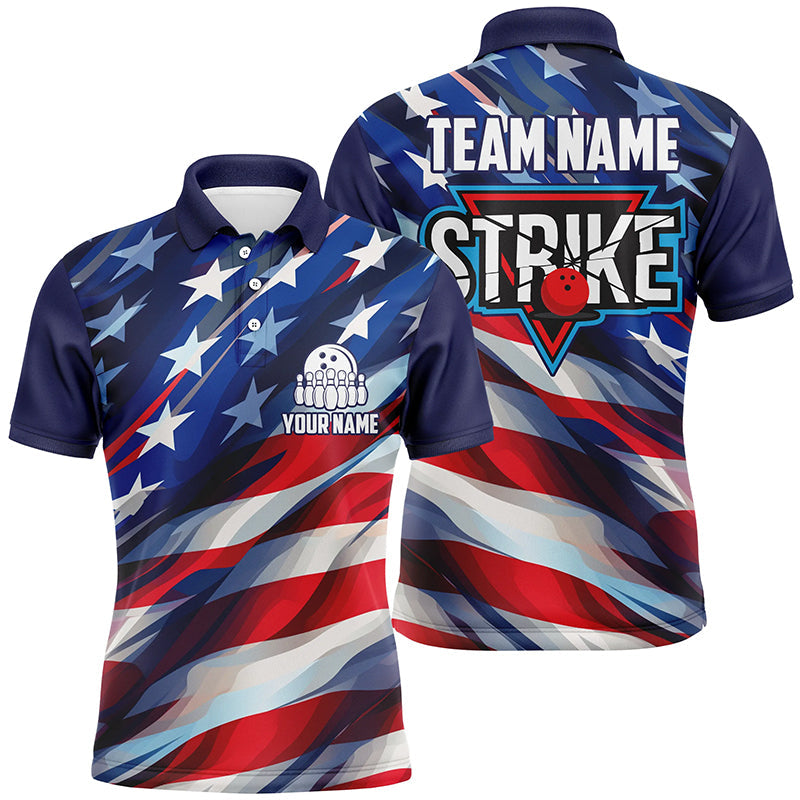 Custom American Flag Strike Bowling Polo Shirts For Men, Patriotic Bowling Team Jerseys IPHW5265