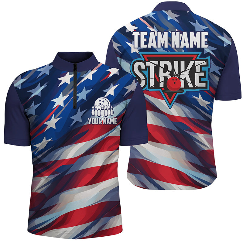 Custom American Flag Strike Bowling Quarter Zip Shirts For Men, Patrio ...