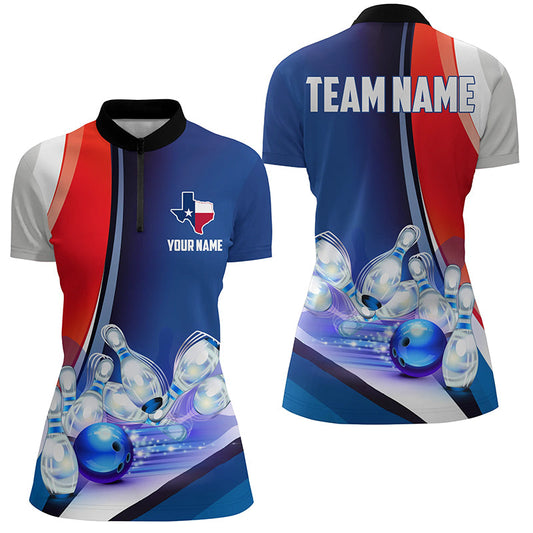 Custom Texas Bowling Team Quarter Zip Shirts, Patriotic Womens Bowling Strike Jerseys IPHW5267