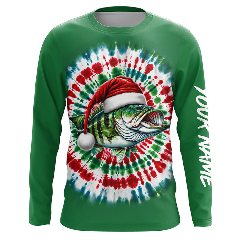 Custom Christmas Bass Fishing Tie Dye Long Sleeve Fishing Shirts, Christmas Bass Fishing Gifts IPHW5588