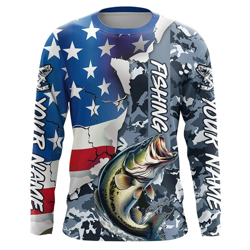 Custom American Flag Bass Fishing Long Sleeve Shirts, Bass Fishing Camo Tournament Fishing Jerseys IPHW6103