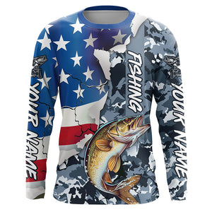 Custom American Flag Walleye Fishing Long Sleeve Shirts, Patriotic Camo Walleye Fishing Jerseys IPHW6104