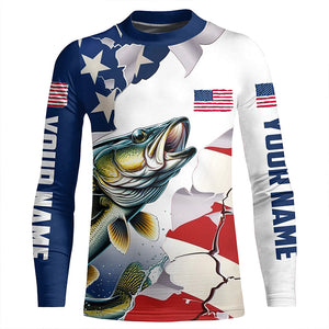 Personalized American Flag Walleye Fishing Long Sleeve Shirts, Patriotic Walleye Fishing Jerseys IPHW6107