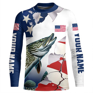 Personalized American Flag Northern Pike Fishing Long Sleeve Shirts, Patriotic Pike Fishing Jerseys IPHW6108