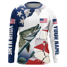 Load image into Gallery viewer, Personalized American Flag Northern Pike Fishing Long Sleeve Shirts, Patriotic Pike Fishing Jerseys IPHW6108