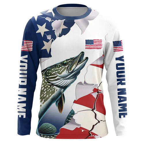 Personalized American Flag Northern Pike Fishing Long Sleeve Shirts, Patriotic Pike Fishing Jerseys IPHW6108