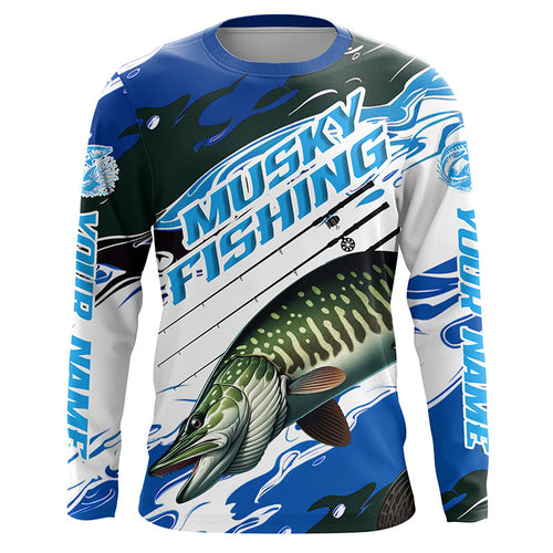 Custom Musky Fishing Jerseys, Muskie Long Sleeve Tournament Fishing Shirts | Blue Camo  IPHW6126