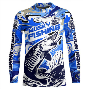 Custom Musky Long Sleeve Tournament Fishing Shirts, Water Camo Muskie Fishing Jerseys | Blue IPHW6139