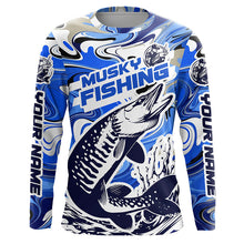 Load image into Gallery viewer, Custom Musky Long Sleeve Tournament Fishing Shirts, Water Camo Muskie Fishing Jerseys | Blue IPHW6139