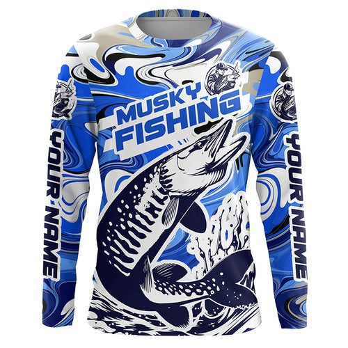 Custom Musky Long Sleeve Tournament Fishing Shirts, Water Camo Muskie Fishing Jerseys | Blue IPHW6139