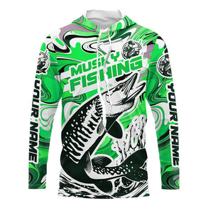 Custom Musky Long Sleeve Tournament Fishing Shirts, Water Camo Muskie Fishing Jerseys | Green IPHW6162