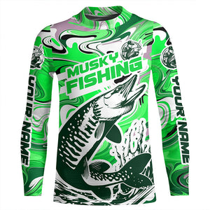 Custom Musky Long Sleeve Tournament Fishing Shirts, Water Camo Muskie Fishing Jerseys | Green IPHW6162
