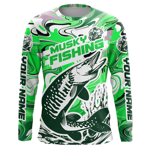 Custom Musky Long Sleeve Tournament Fishing Shirts, Water Camo Muskie Fishing Jerseys | Green IPHW6162