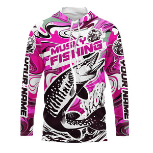 Custom Musky Long Sleeve Tournament Fishing Shirts, Water Camo Muskie Fishing Jerseys | Pink IPHW6163