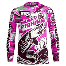 Load image into Gallery viewer, Custom Musky Long Sleeve Tournament Fishing Shirts, Water Camo Muskie Fishing Jerseys | Pink IPHW6163