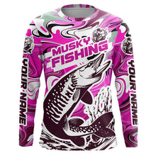 Load image into Gallery viewer, Custom Musky Long Sleeve Tournament Fishing Shirts, Water Camo Muskie Fishing Jerseys | Pink IPHW6163