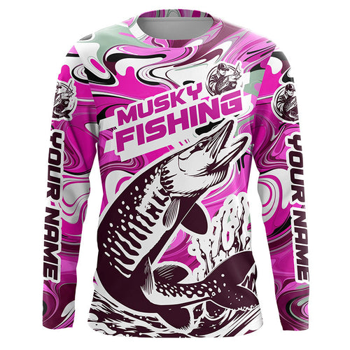 Custom Musky Long Sleeve Tournament Fishing Shirts, Water Camo Muskie Fishing Jerseys | Pink IPHW6163
