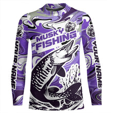 Load image into Gallery viewer, Custom Musky Long Sleeve Tournament Fishing Shirts, Water Camo Muskie Fishing Jerseys | Purple IPHW6164