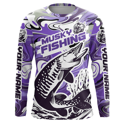 Custom Musky Long Sleeve Tournament Fishing Shirts, Water Camo Muskie Fishing Jerseys | Purple IPHW6164