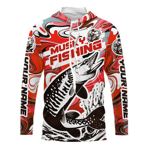 Custom Musky Long Sleeve Tournament Fishing Shirts, Water Camo Muskie Fishing Jerseys | Red IPHW6165
