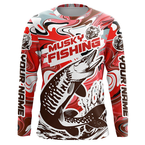 Custom Musky Long Sleeve Tournament Fishing Shirts, Water Camo Muskie Fishing Jerseys | Red IPHW6165