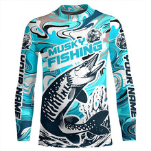 Load image into Gallery viewer, Custom Musky Long Sleeve Tournament Fishing Shirts, Water Camo Muskie Fishing Jerseys | Teal Blue IPHW6166