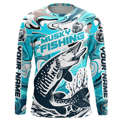 Custom Musky Long Sleeve Tournament Fishing Shirts, Water Camo Muskie Fishing Jerseys | Teal Blue IPHW6166