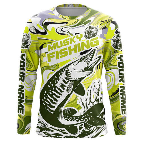Custom Musky Long Sleeve Tournament Fishing Shirts, Water Camo Muskie Fishing Jerseys | Yellow IPHW6167