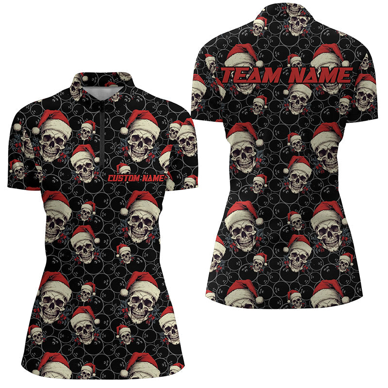 Custom Women Funny Christmas Bowling Quarter Zip Shirts Skull Christmas Gifts For Bowlers IPHW5315