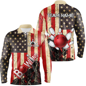 Retro American flag Mens Bowling polo shirts Custom bowling Team Jerseys, gifts for bowlers NQS7339