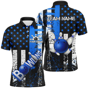 Retro American flag Mens Bowling polo shirts Custom bowling Team Jerseys, gifts for bowlers | Blue NQS7340