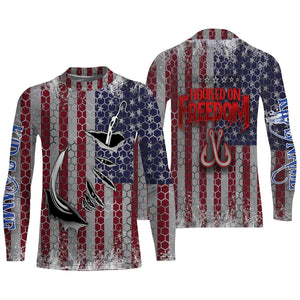 US Fishing 3D Fish Hook American Flag Sun / UV protection quick dry customize name long sleeves shirts UPF 30+ personalized Patriotic fishing apparel gift for Fishing lovers - IPH1975