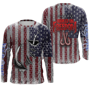 US Fishing 3D Fish Hook American Flag Sun / UV protection quick dry customize name long sleeves shirts UPF 30+ personalized Patriotic fishing apparel gift for Fishing lovers - IPH1975