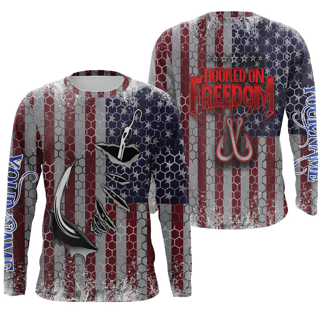 US Fishing 3D Fish Hook American Flag Sun / UV protection quick dry customize name long sleeves shirts UPF 30+ personalized Patriotic fishing apparel gift for Fishing lovers - IPH1975
