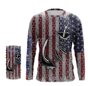 US Fishing 3D Fish Hook American Flag Sun / UV protection quick dry customize name long sleeves shirts UPF 30+ personalized Patriotic fishing apparel gift for Fishing lovers - IPH1975