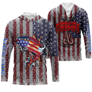 Yellowfin Tuna Fishing American Flag Hooked on Freedom Sun / UV protection quick dry customize name long sleeves shirts UPF 30+ personalized Patriotic fishing apparel gift for Fishing lovers - IPH1981