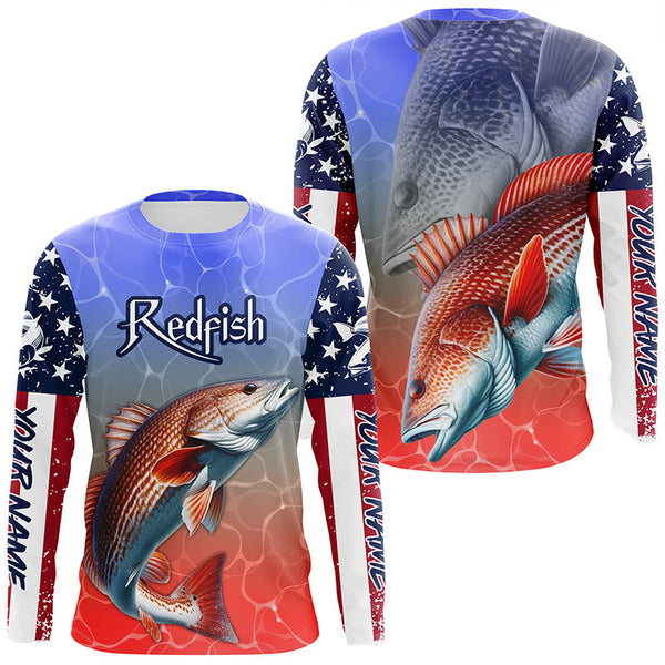 Custom Redfish Puppy Drum American Flag Long Sleeve Fishing Shirts